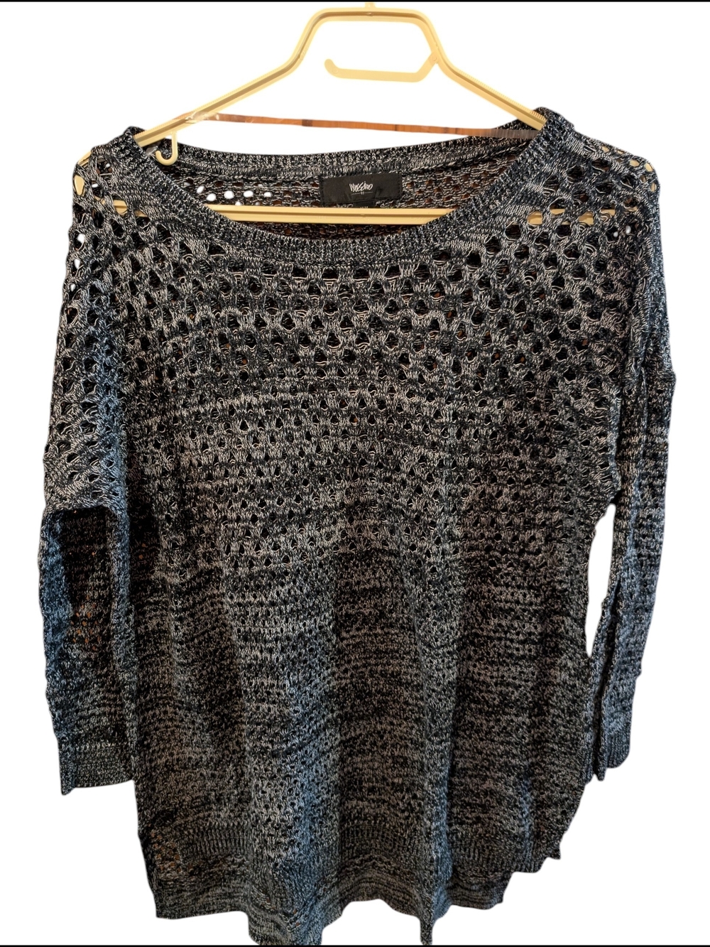 2/22$ Wildfox Black Marled Open-Knit Crew Sweater